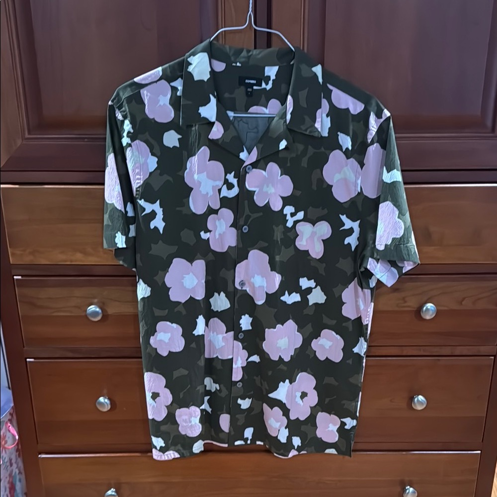 Express Green and Pink Casual Button Down Shirt